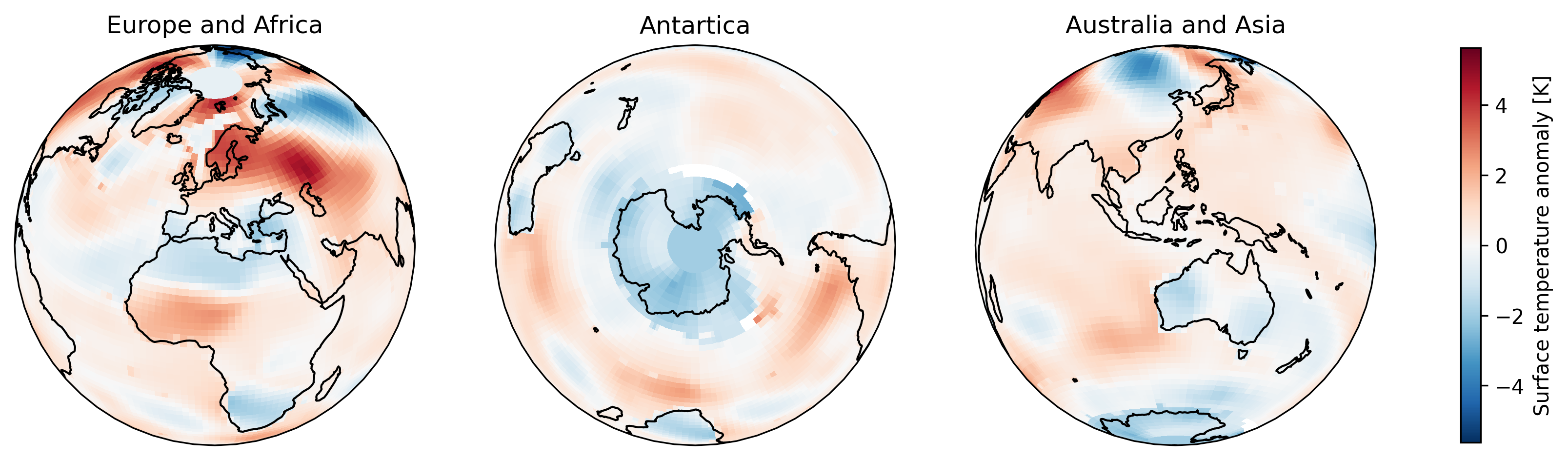 Cartopy showing three orthographic views with different central longitude and latitude values.