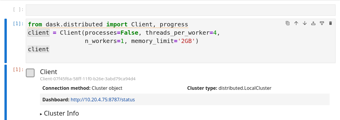 A screenshot of the Dask client information